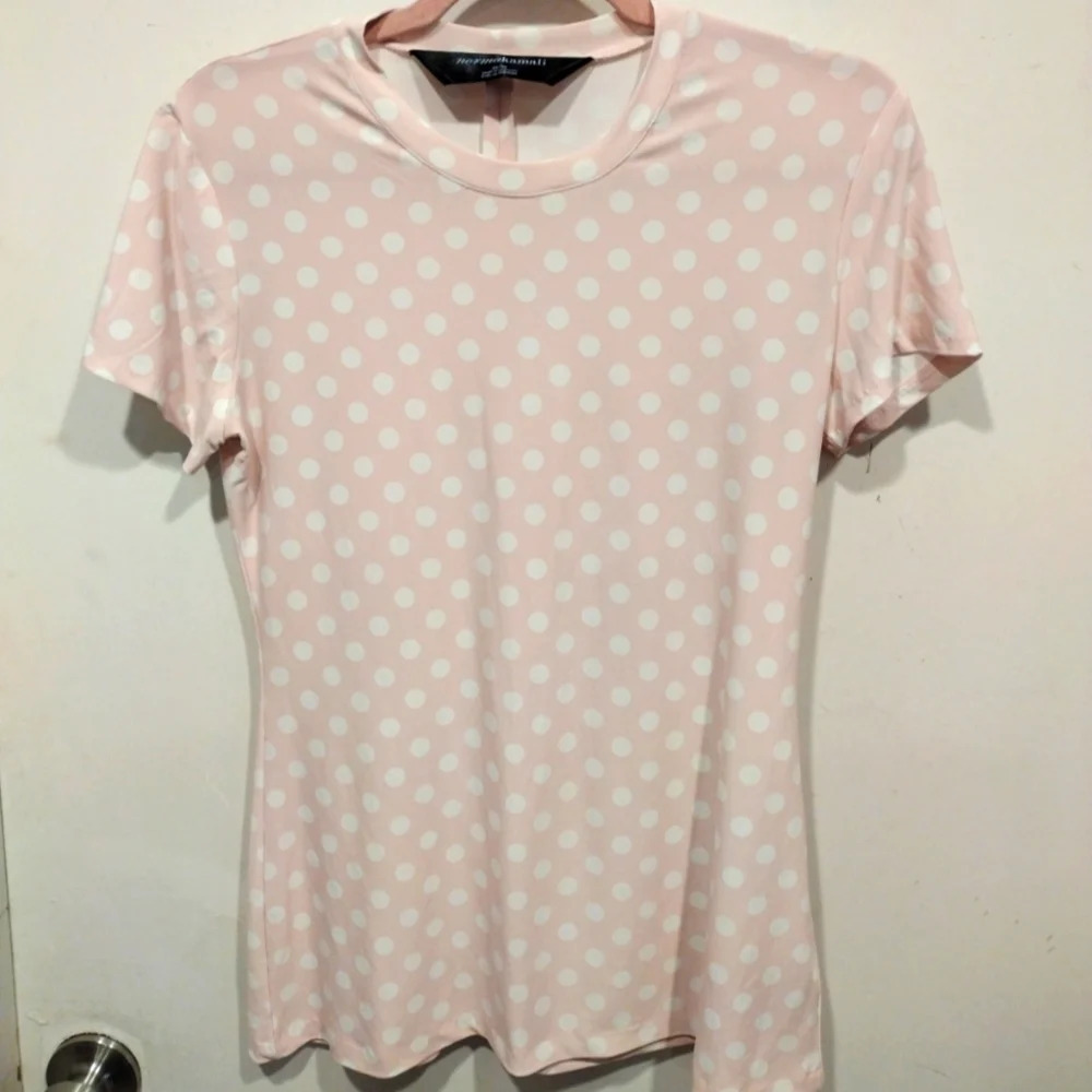Norma Kamali Women's Pink Polkadot Crew Neck Slinky Feel T-shirt Sz M-Travel